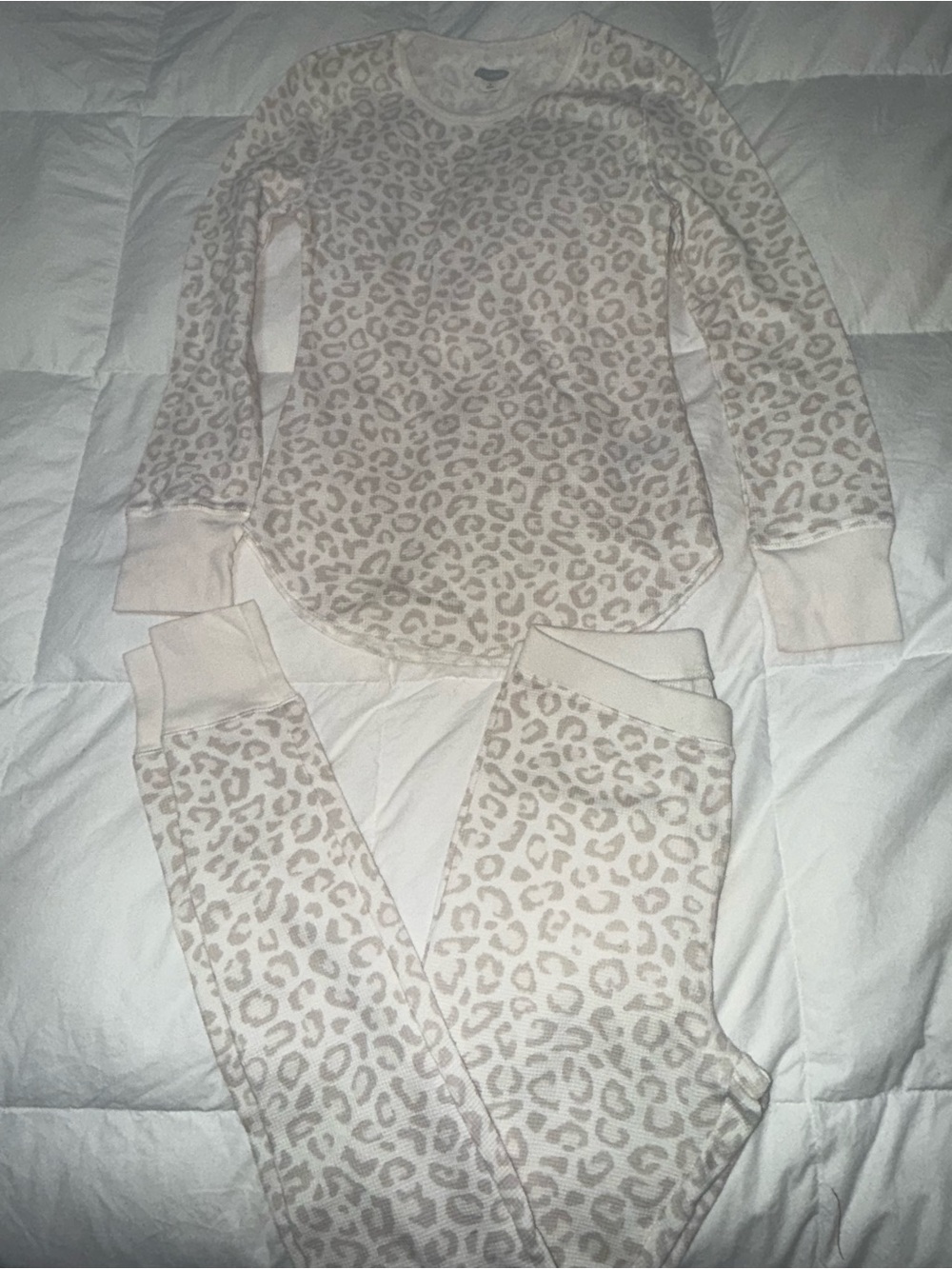 Womens Cozy Leopard Print Pajama Set - Cream and Light Brown
